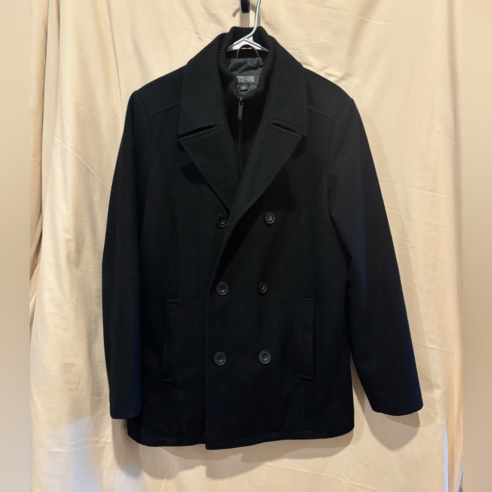 Kenneth Cole Reaction Men’s Double Breasted Wool Blend Peacoat with Bib